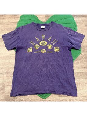 Vintage Hawaii Graphic Tee Mens Medium Single Stitch Navy Blue Postage Stamp Pri